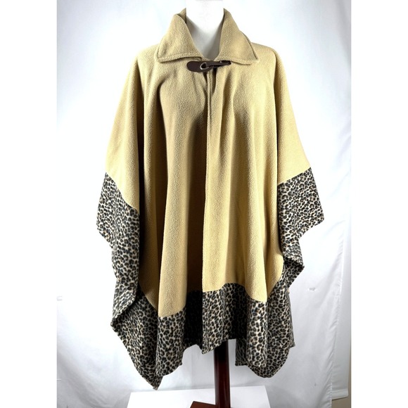 Le Moda Sweaters - Le‎ Moda Camel Color Fleece Cape Poncho Leopard Print Trim Mob Wife Retro Chic
